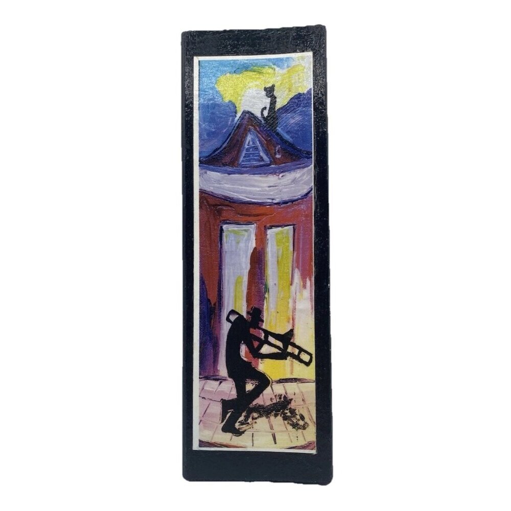 Collage Art Cat On The Roof Handmade Jazz Player Musician Wood Trombone Colorful